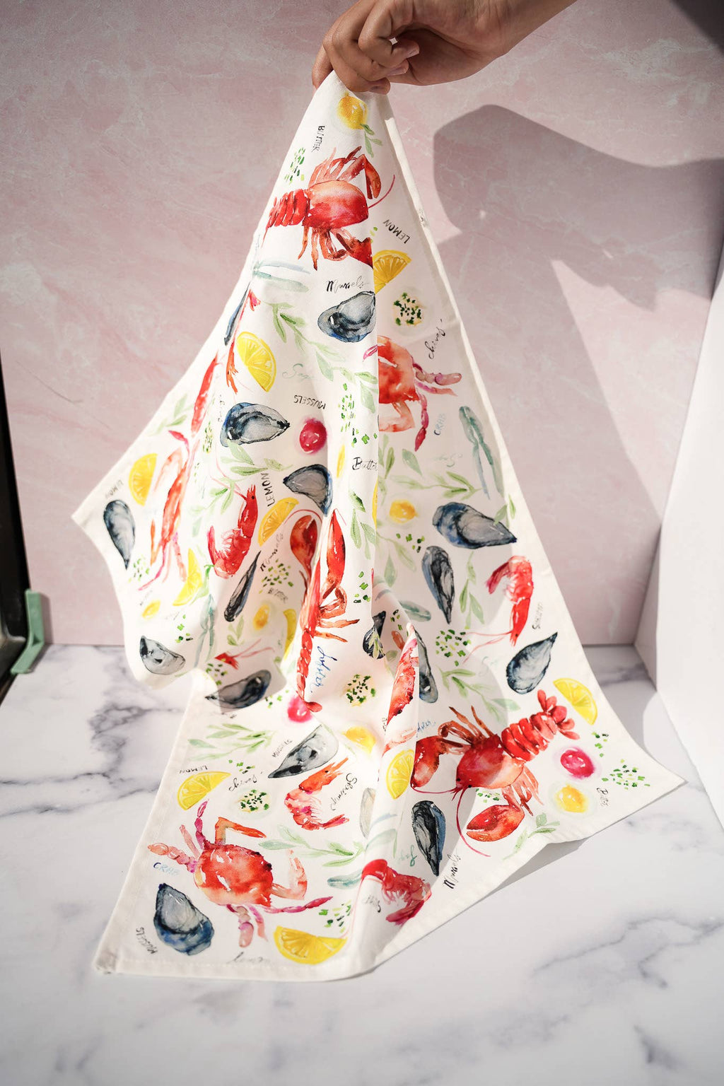Seafood Table Tea Towel. Watercolor Lobster Dish Towel.