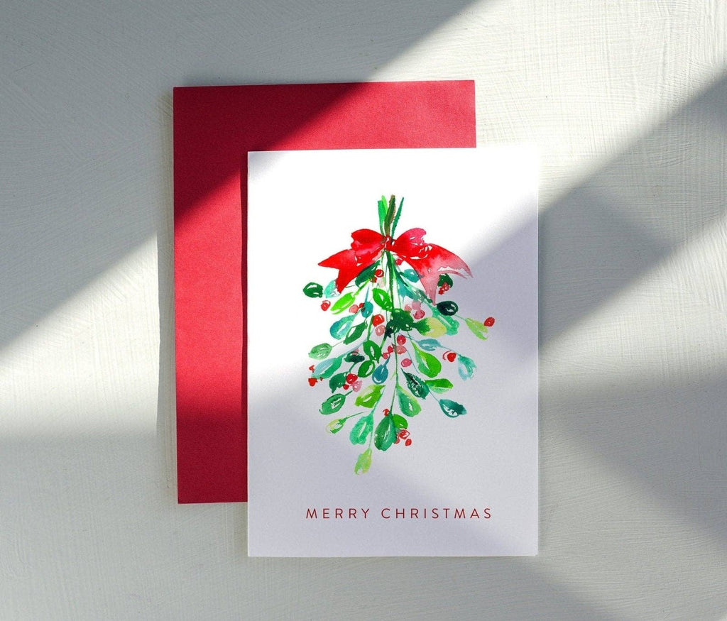 Merry Christmas Mistletoe Watercolor Holiday Card