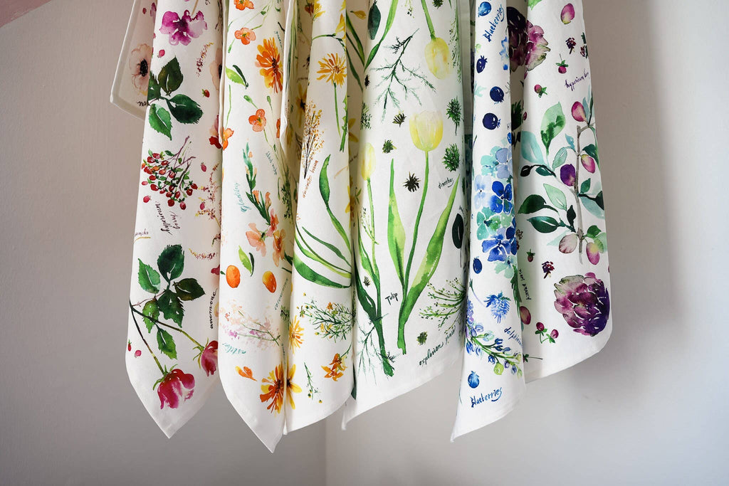 Botanical Rainbow (Purple) Tea Towel. Floral Kitchen Towel.