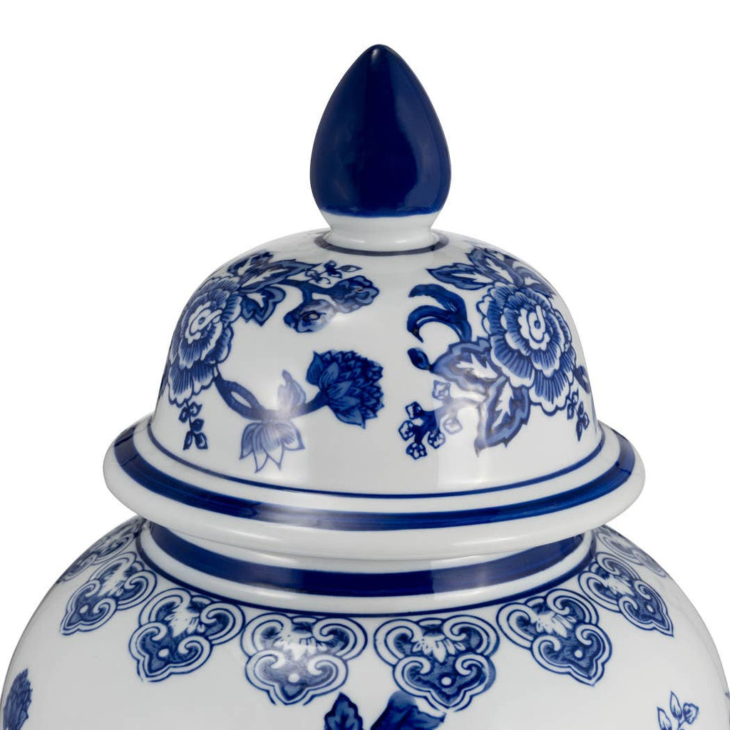 Blue Ceramic Chinoiserie Temple Jar with Bird/Flower - 18 in.
