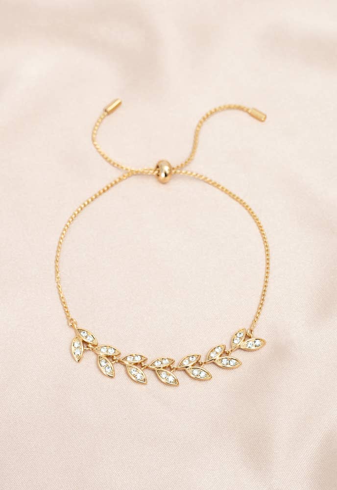 Crystal Vine Zircon and Gold Bracelet - 14K Gold Plated Leaf Bracelet Adjustable