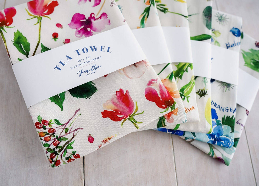 Botanical Rainbow (Red) Kitchen Tea Towel. Floral Tea Towel.