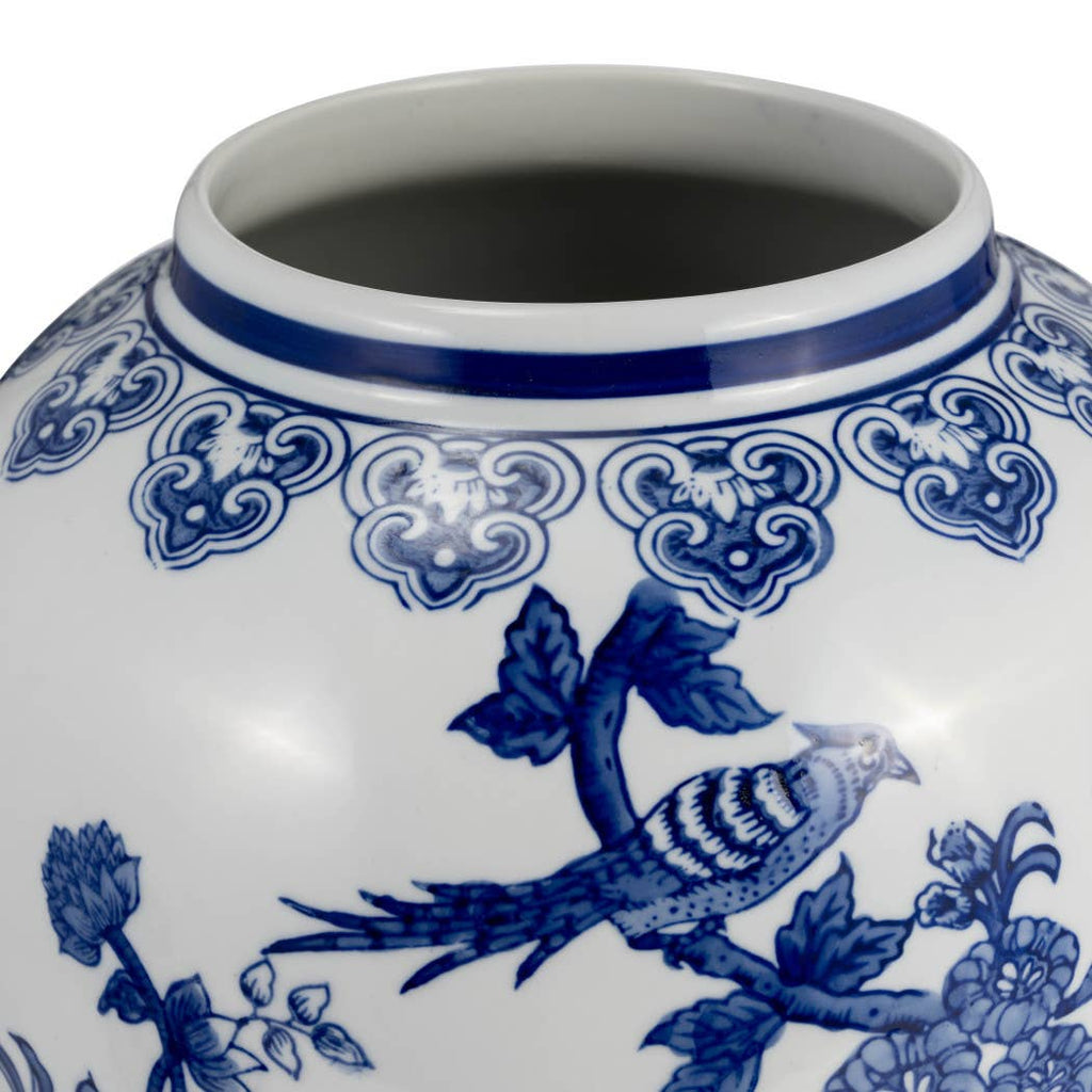 Blue Ceramic Chinoiserie Temple Jar with Bird/Flower - 18 in.