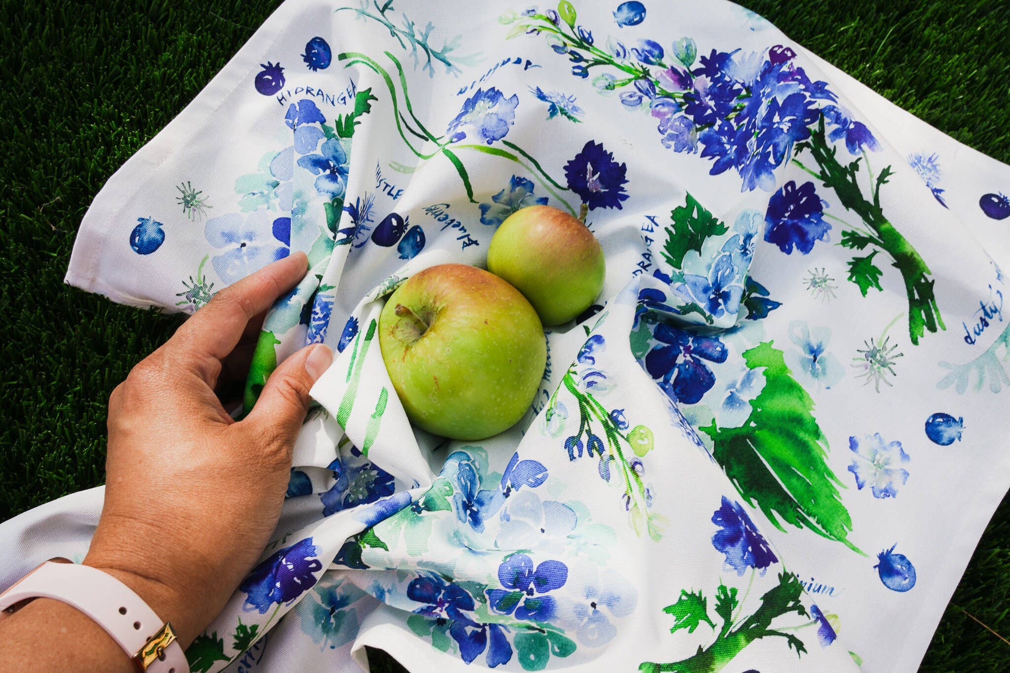 Botanical Rainbow (Blue) Flower Tea Towel. Floral Dish Towel