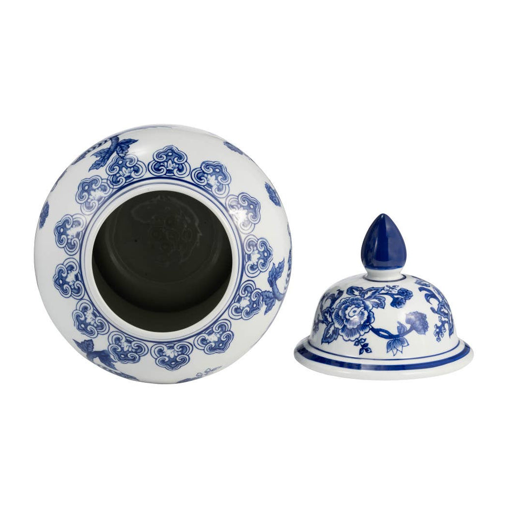 Blue Ceramic Chinoiserie Temple Jar with Bird/Flower - 18 in.