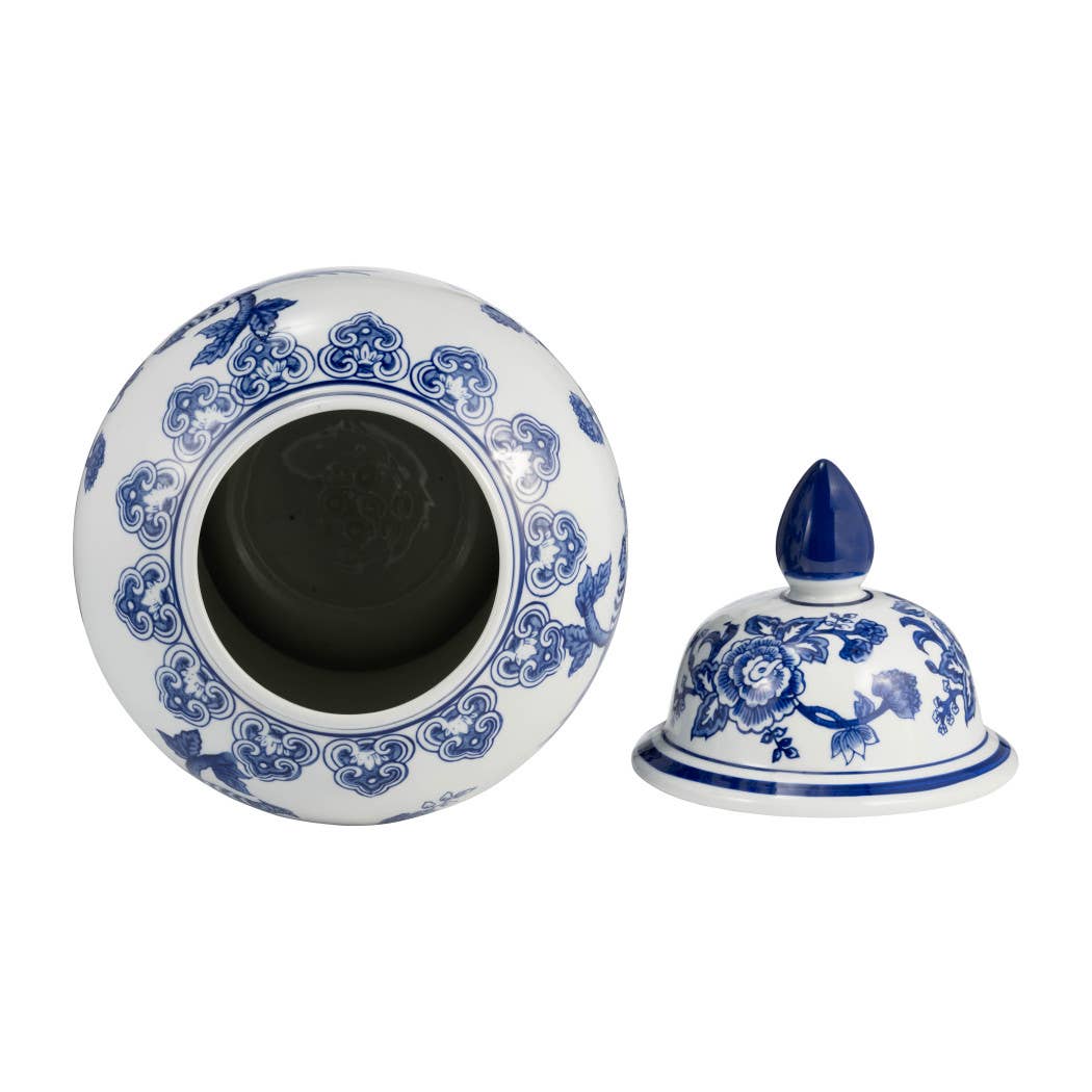 Blue Ceramic Chinoiserie Temple Jar with Bird/Flower - 18 in.