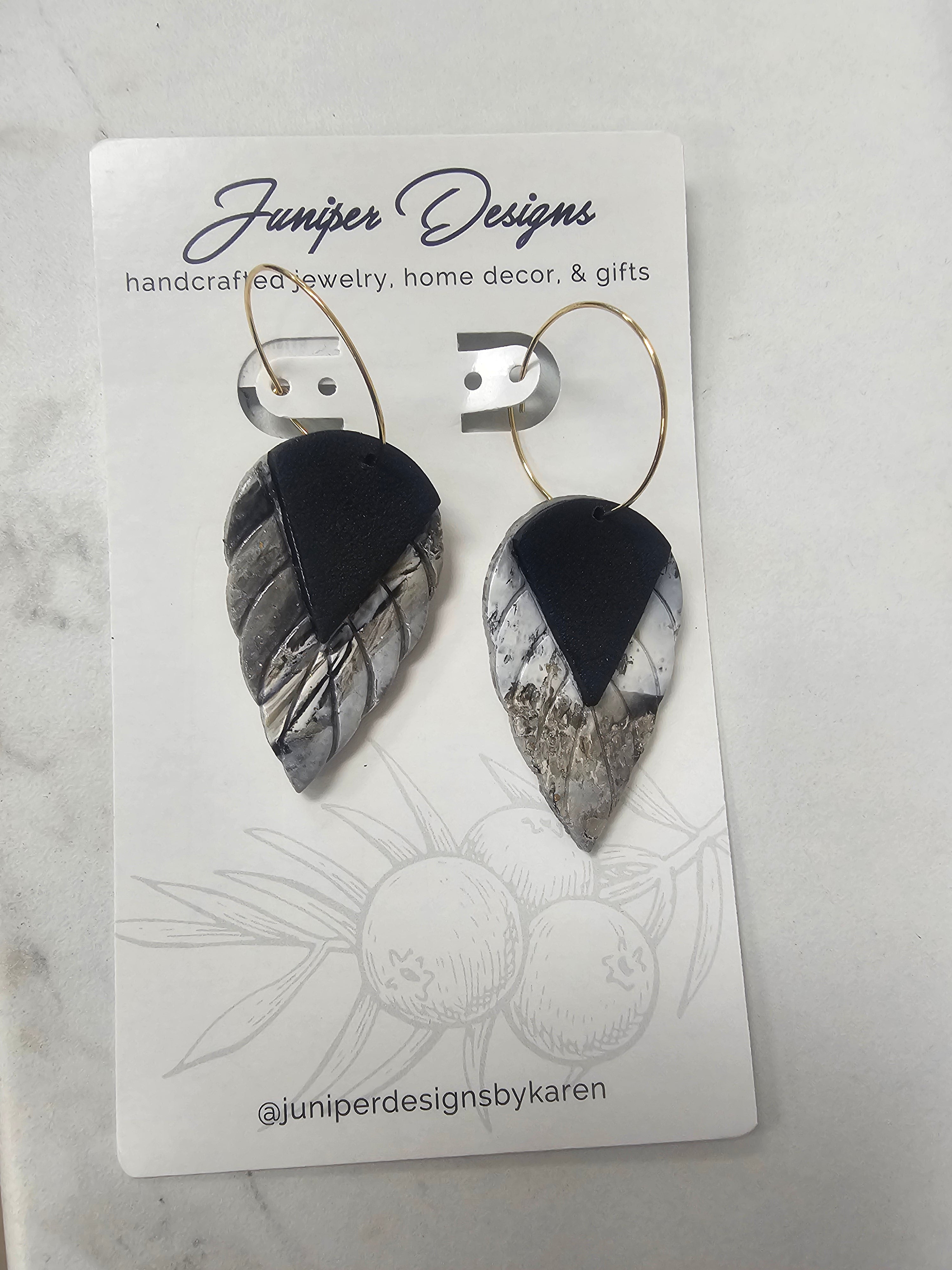 Handmade Earrings -Delicate Hoop Geo Feather Clay Design -Unique Artisan Jewelry | Juniper Skies