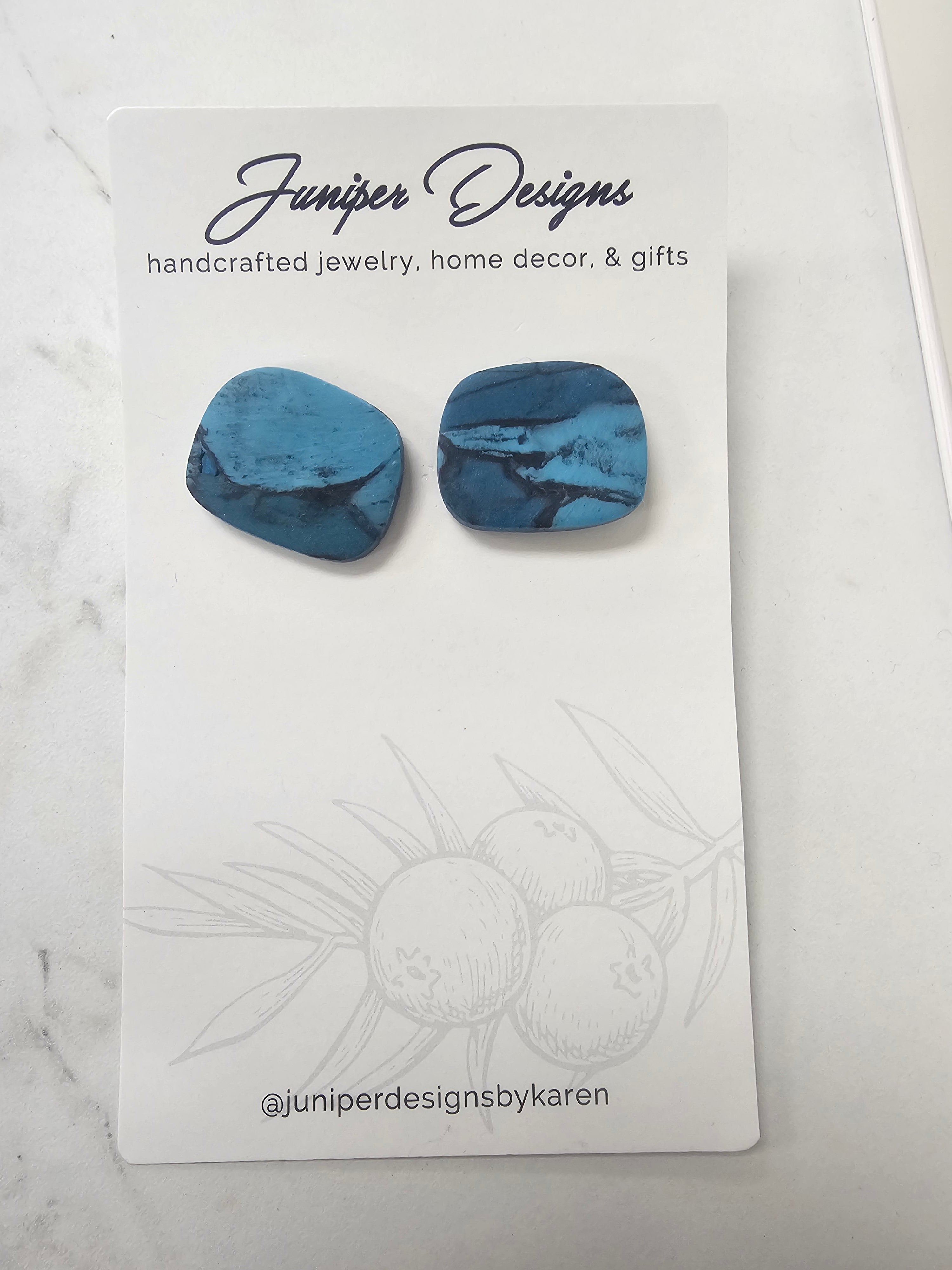 Handmade Earrings -  Blue Stone-Like Clay Stud Design -Unique Artisan Jewelry | Juniper Skies