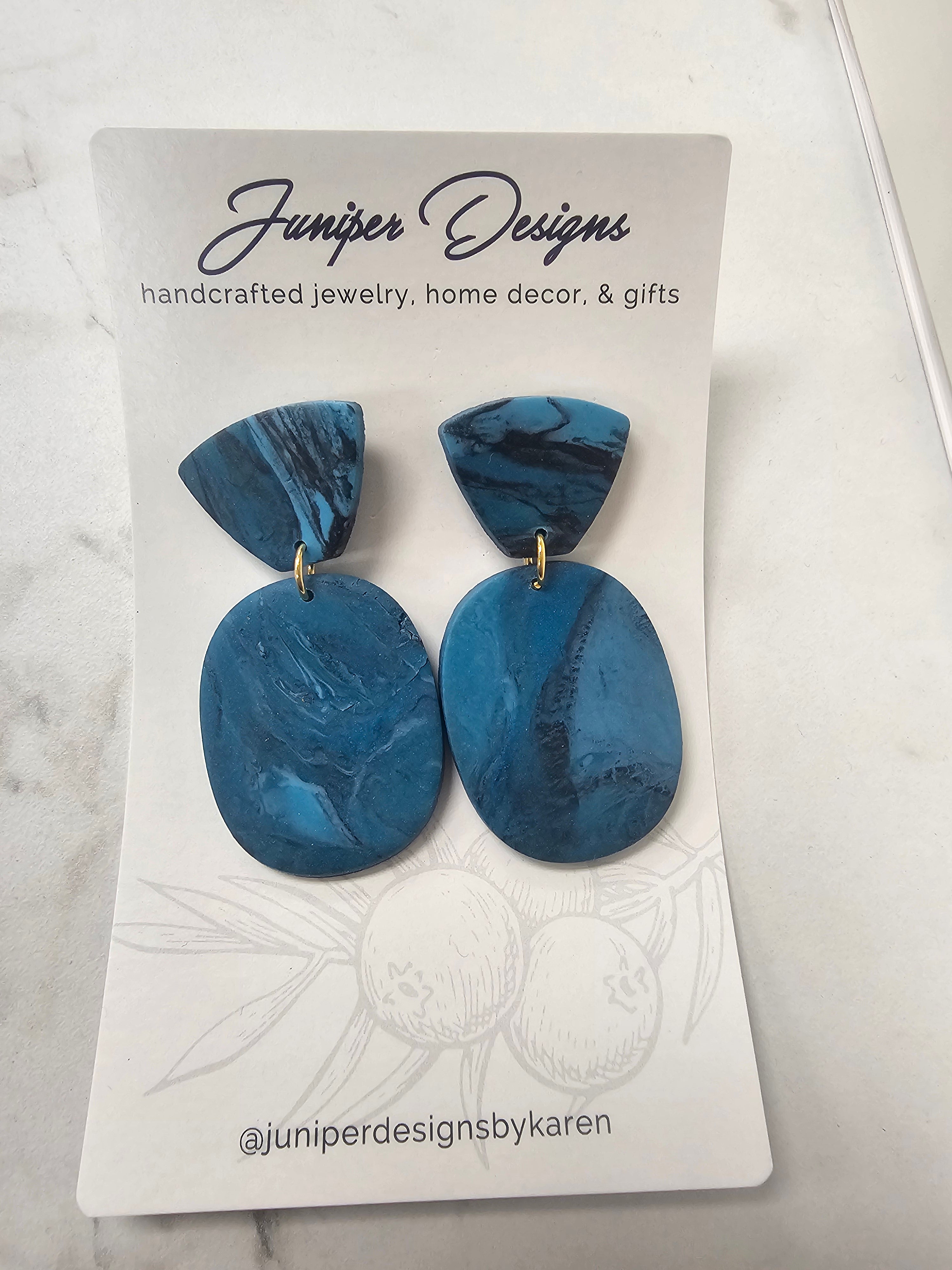 Handmade Earrings - Blue Stone-Like Clay Oval/Trapezoid Design -Unique Artisan Jewelry | Juniper Skies