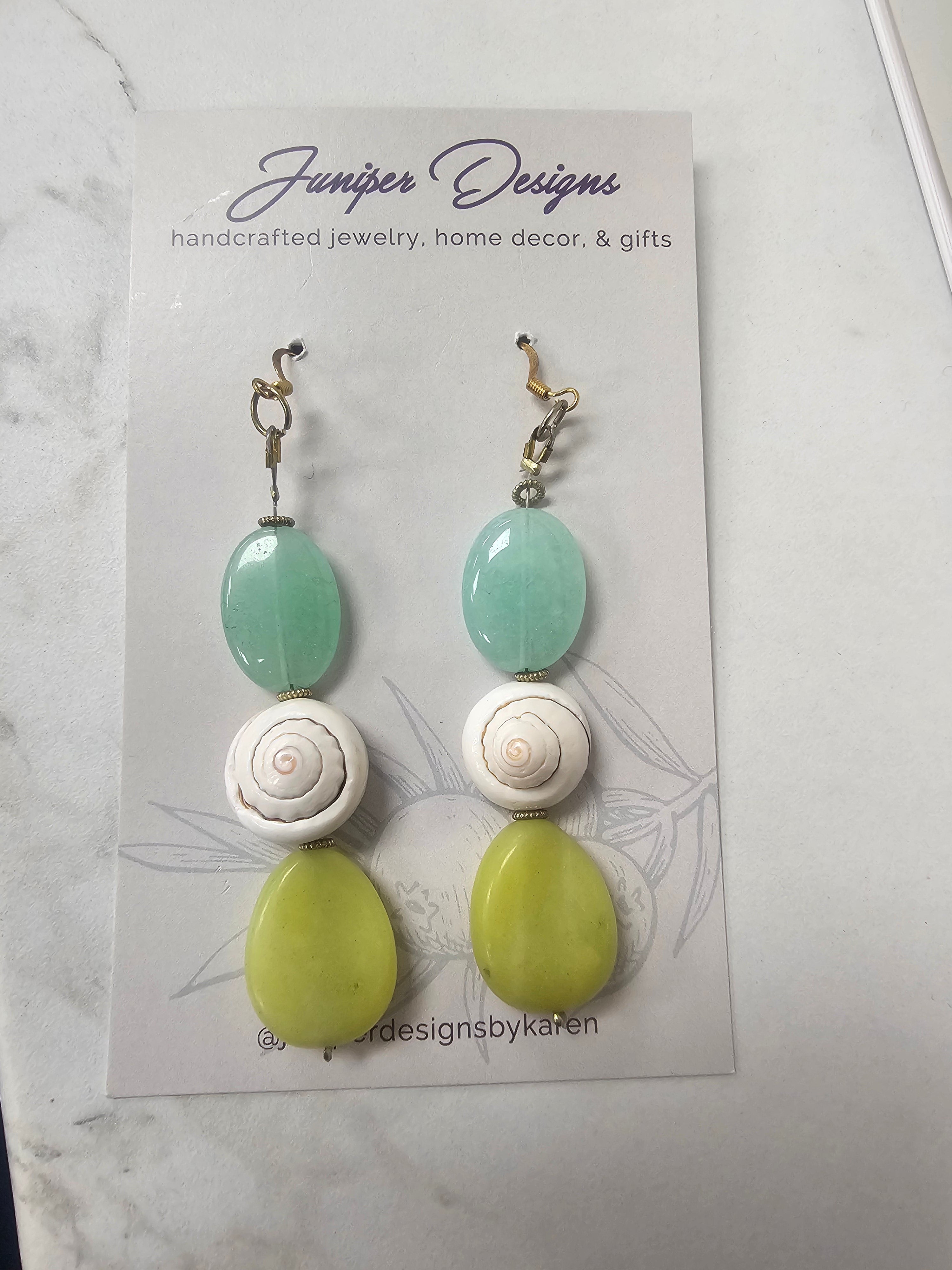 Handmade Earrings - Long Dangle Aqua/Shell/Green Design -Unique Artisan Jewelry | Juniper Skies