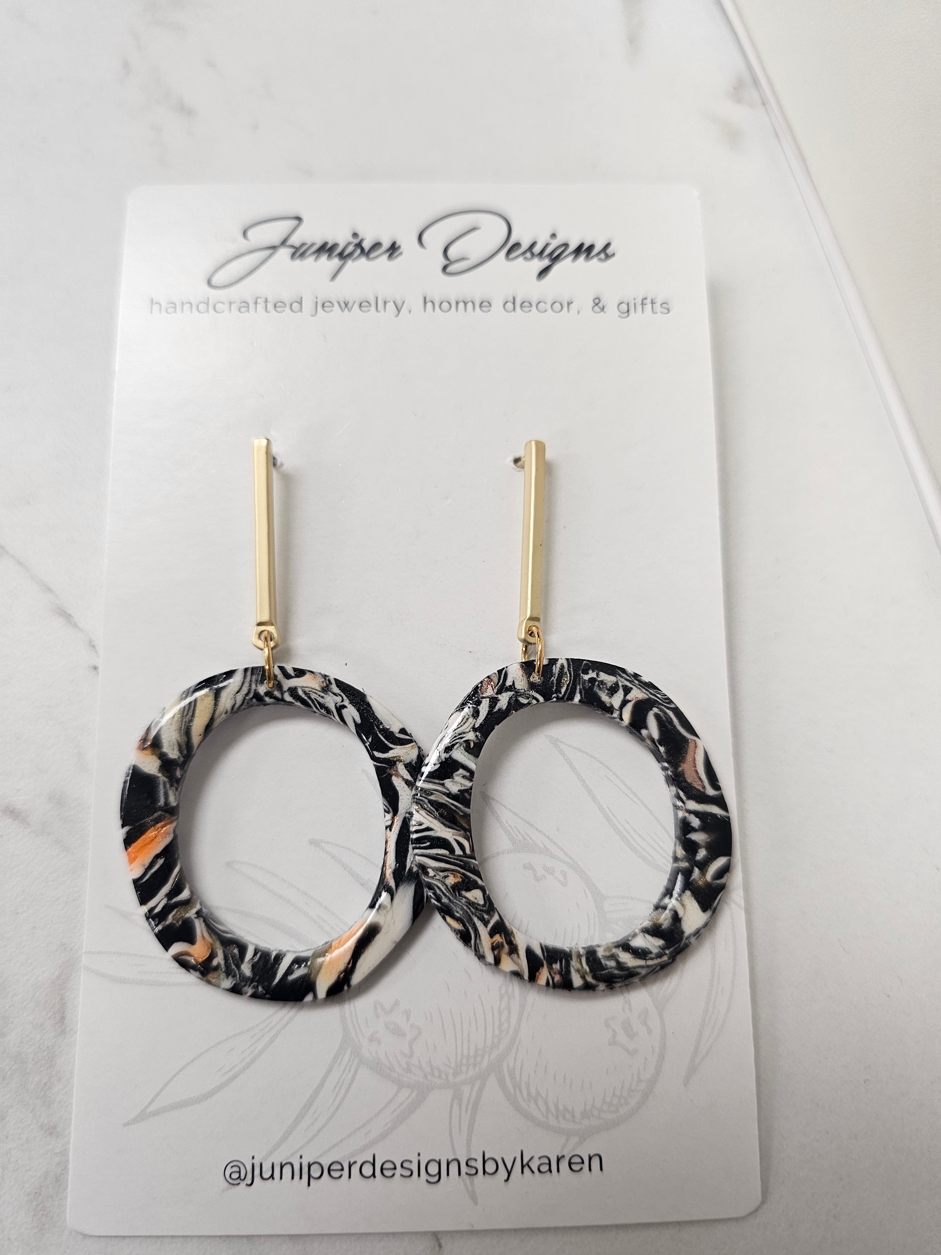 Handmade Earrings - Metal Bar with Striped Clay Cut Out  design -Unique Artisan Jewelry | Juniper Skies