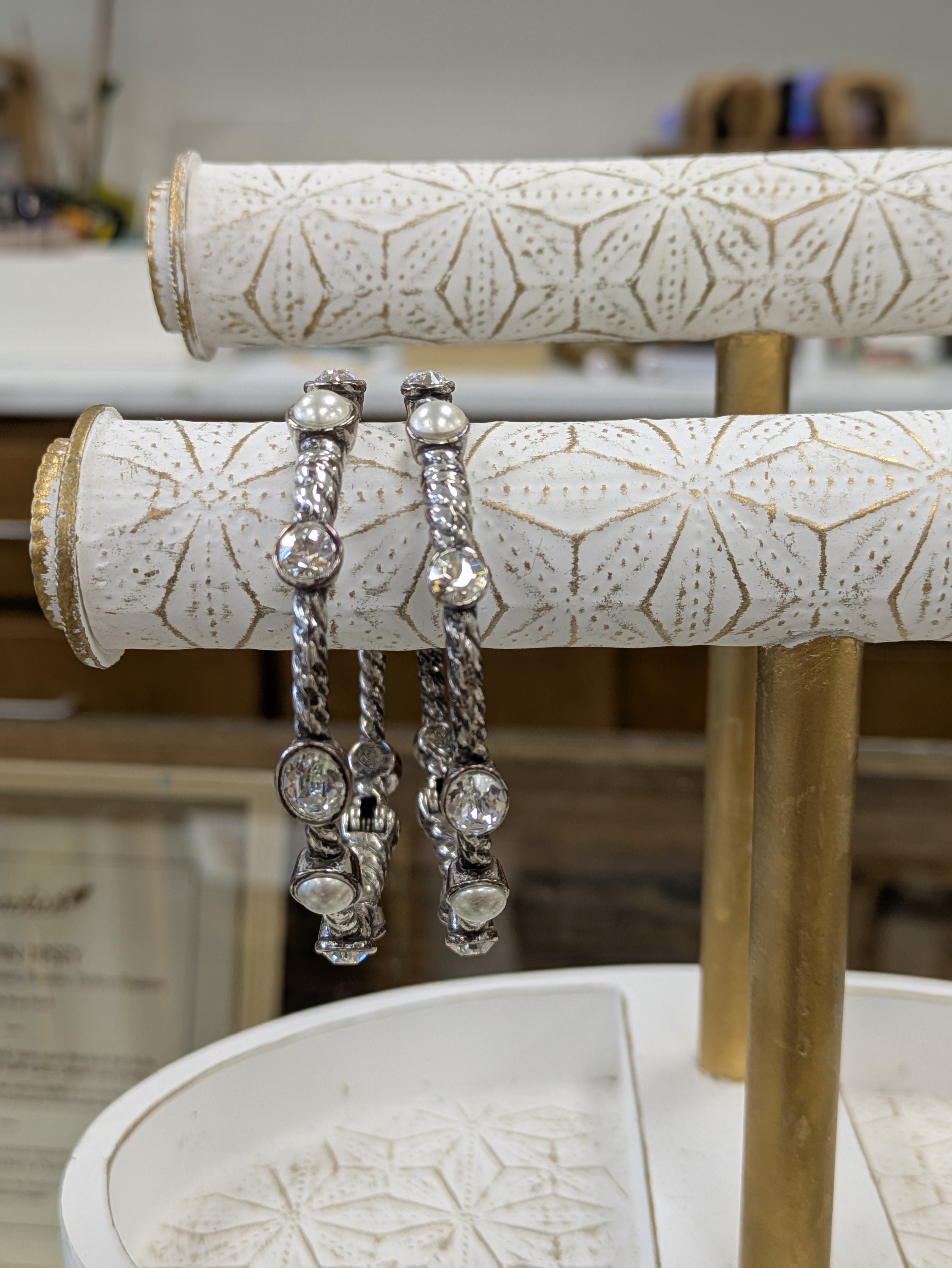 Silver, crystal and pearl 2 bangle set