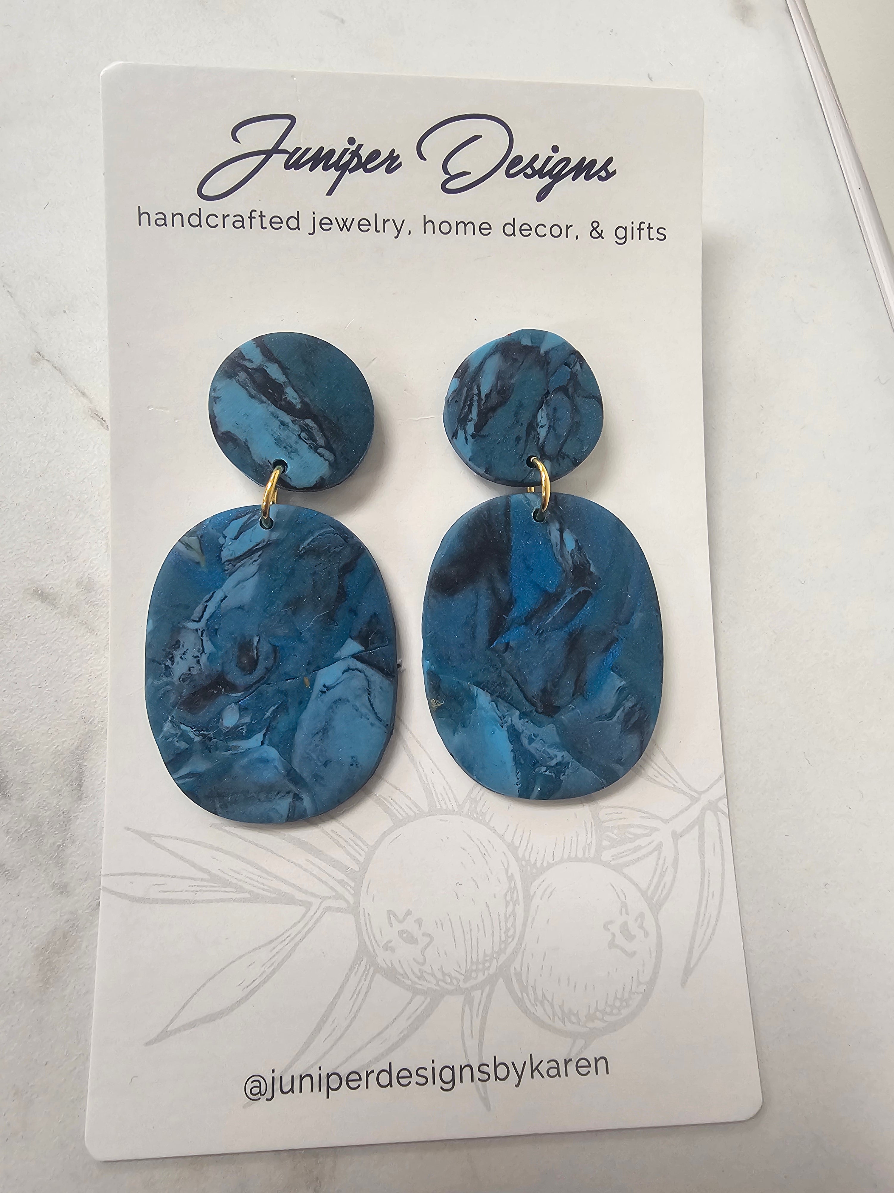 Handmade Earrings - Blue Stone-Like Clay Circle/Oval Stud Dangle Design -Unique Artisan Jewelry | Juniper Skies